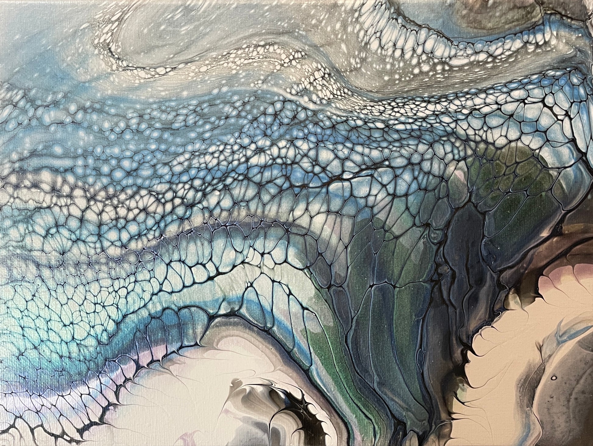 Abstract art with wavy patterns in blue, green, and beige.