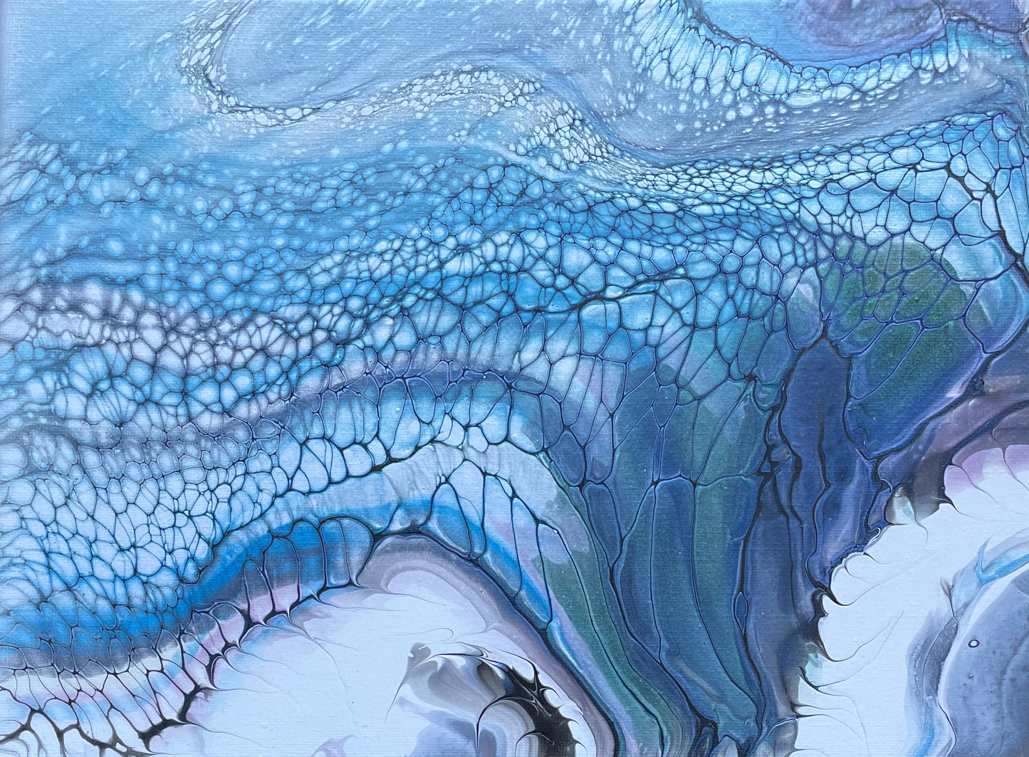 Abstract blue and white art with wavy patterns